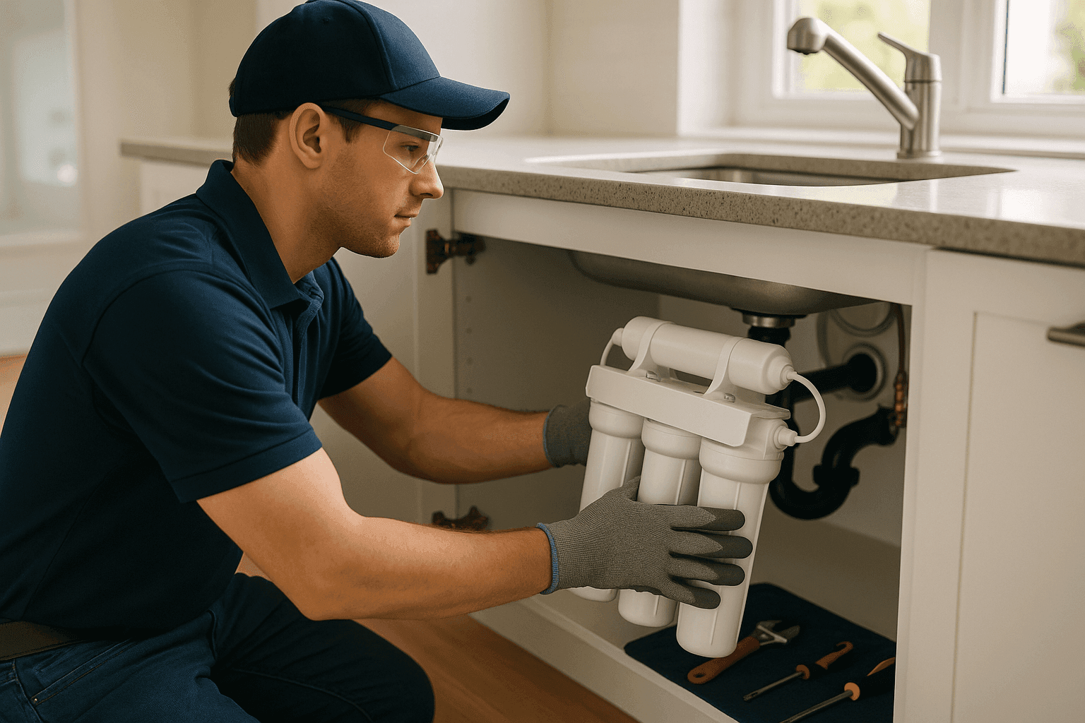 Plumber installing water filtration system under kitchen sink