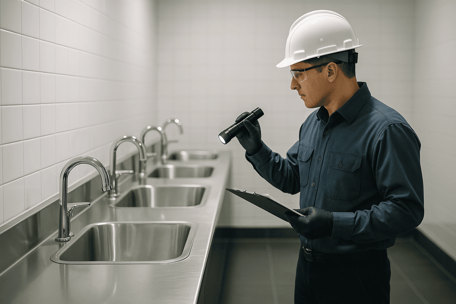Técnico de mantenimiento inspeccionando instalaciones de plomería en un baño comercial