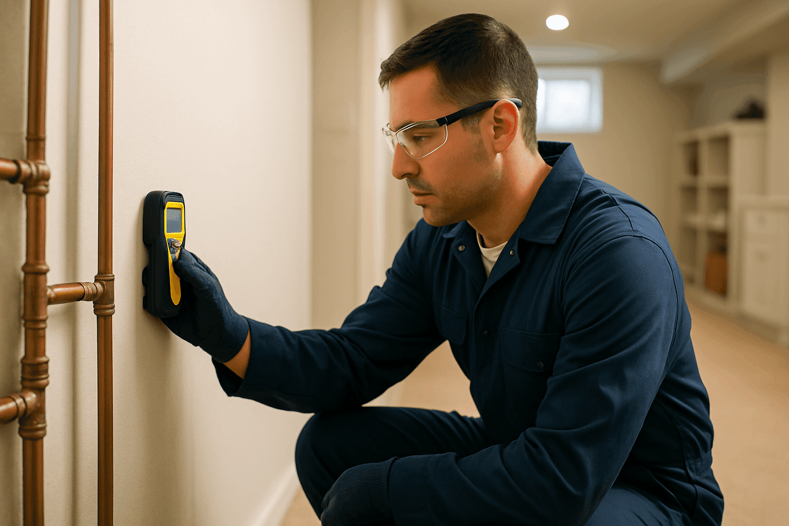 Technician using moisture meter on drywall near water pipes