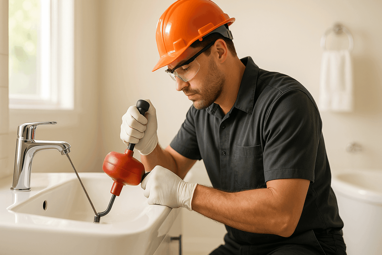 Plumber using auger to clean residential bathroom drain