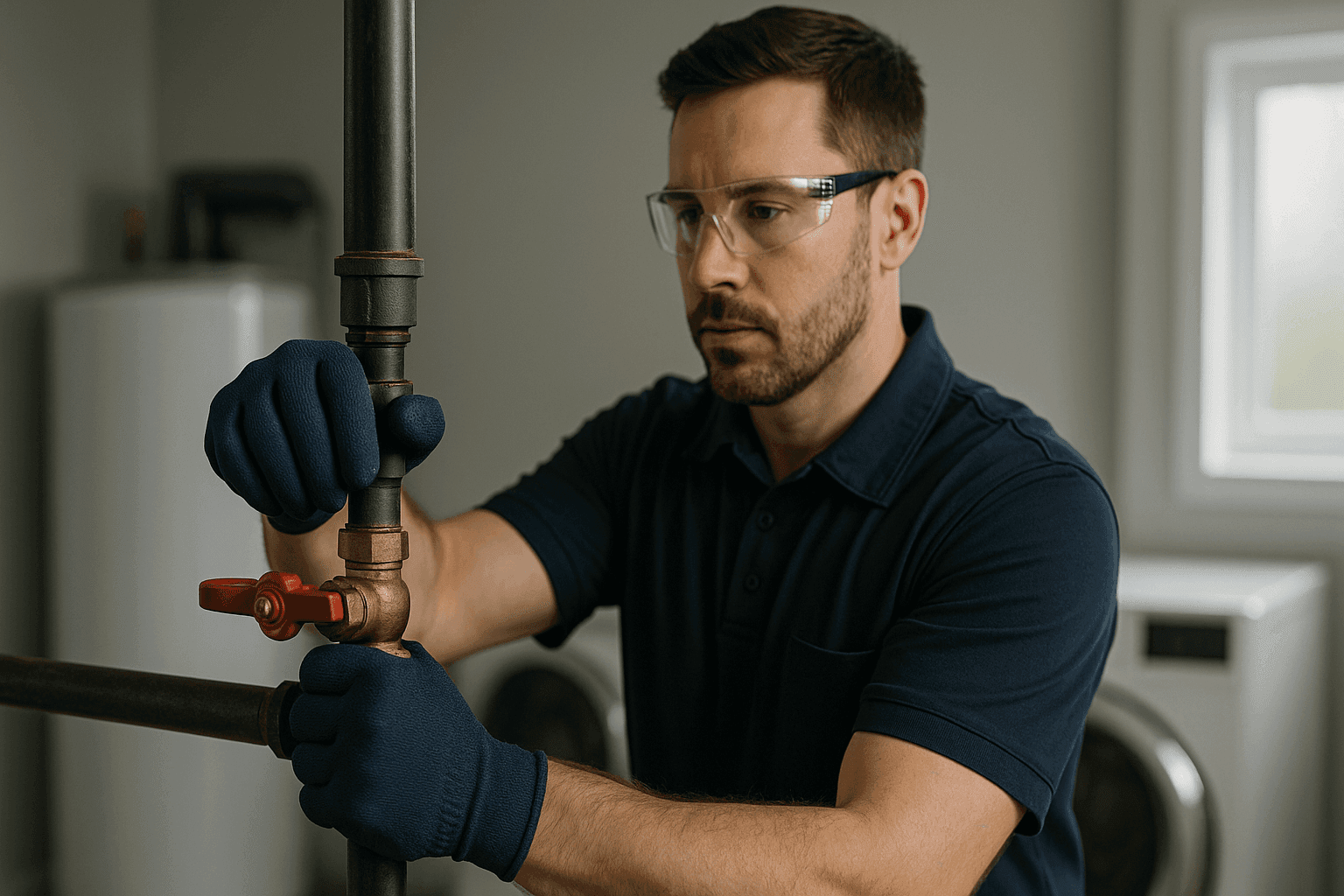 Plumber quickly shutting off main water valve in utility room