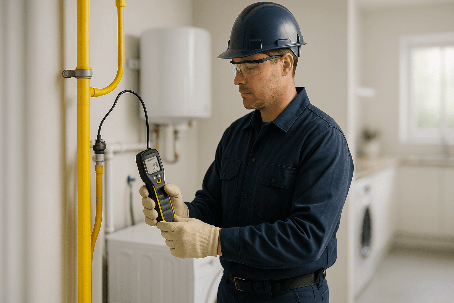 Plumber inspecting gas line connection with detector tool