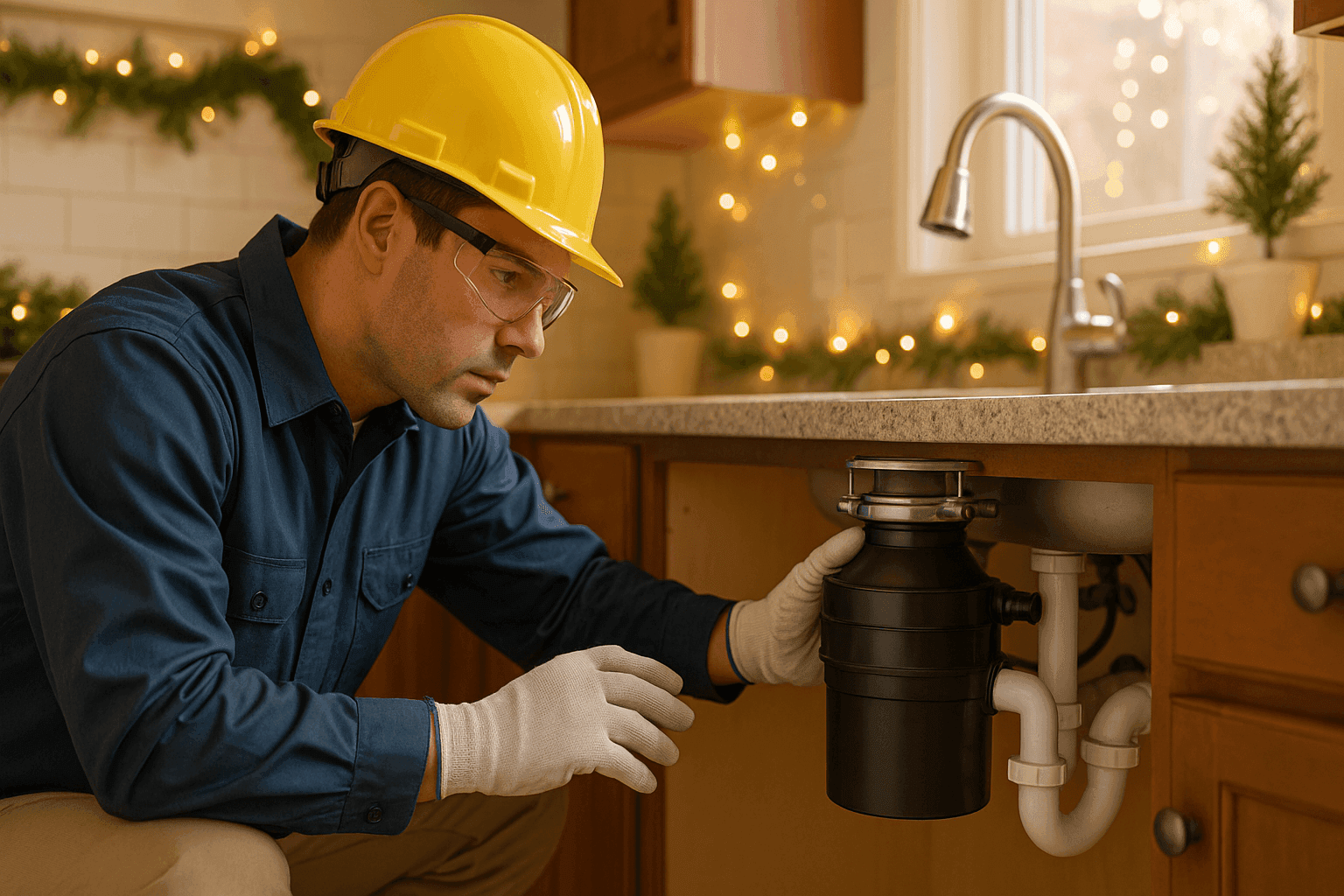 Plumber checking under-sink pipes and garbage disposal