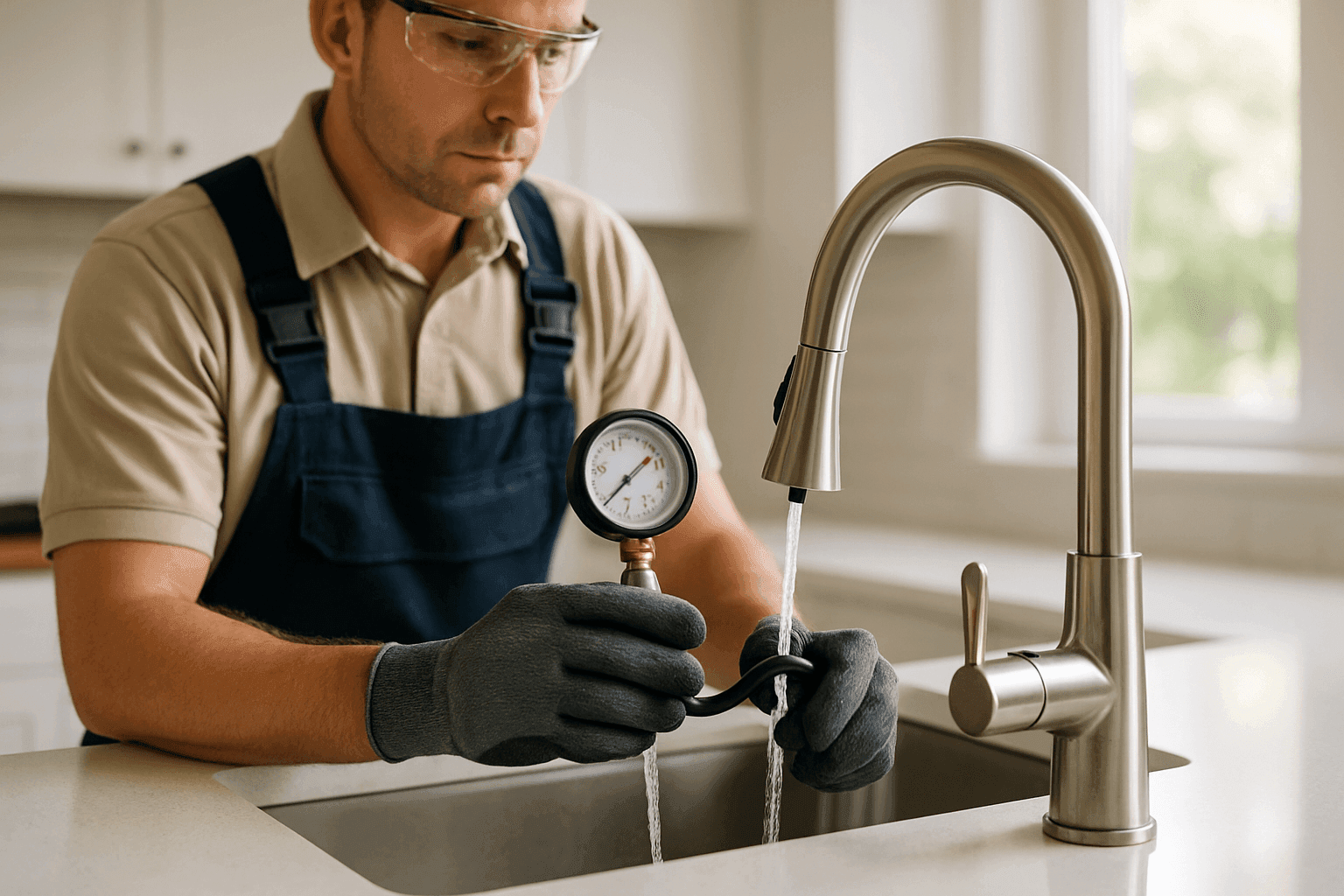 Plumber checking water pressure with gauge on kitchen faucet