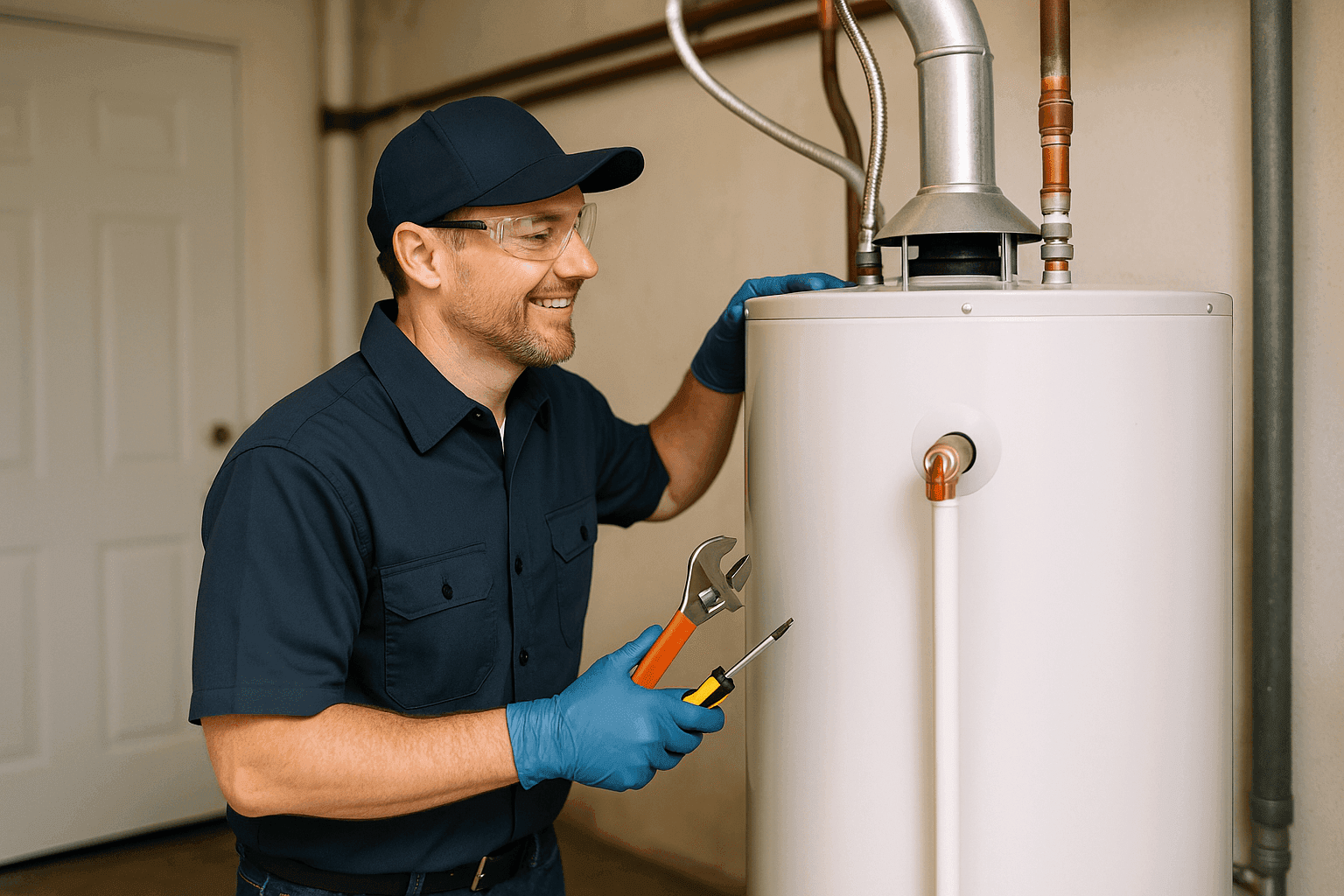 Professional plumber performing water heater maintenance in a home utility room