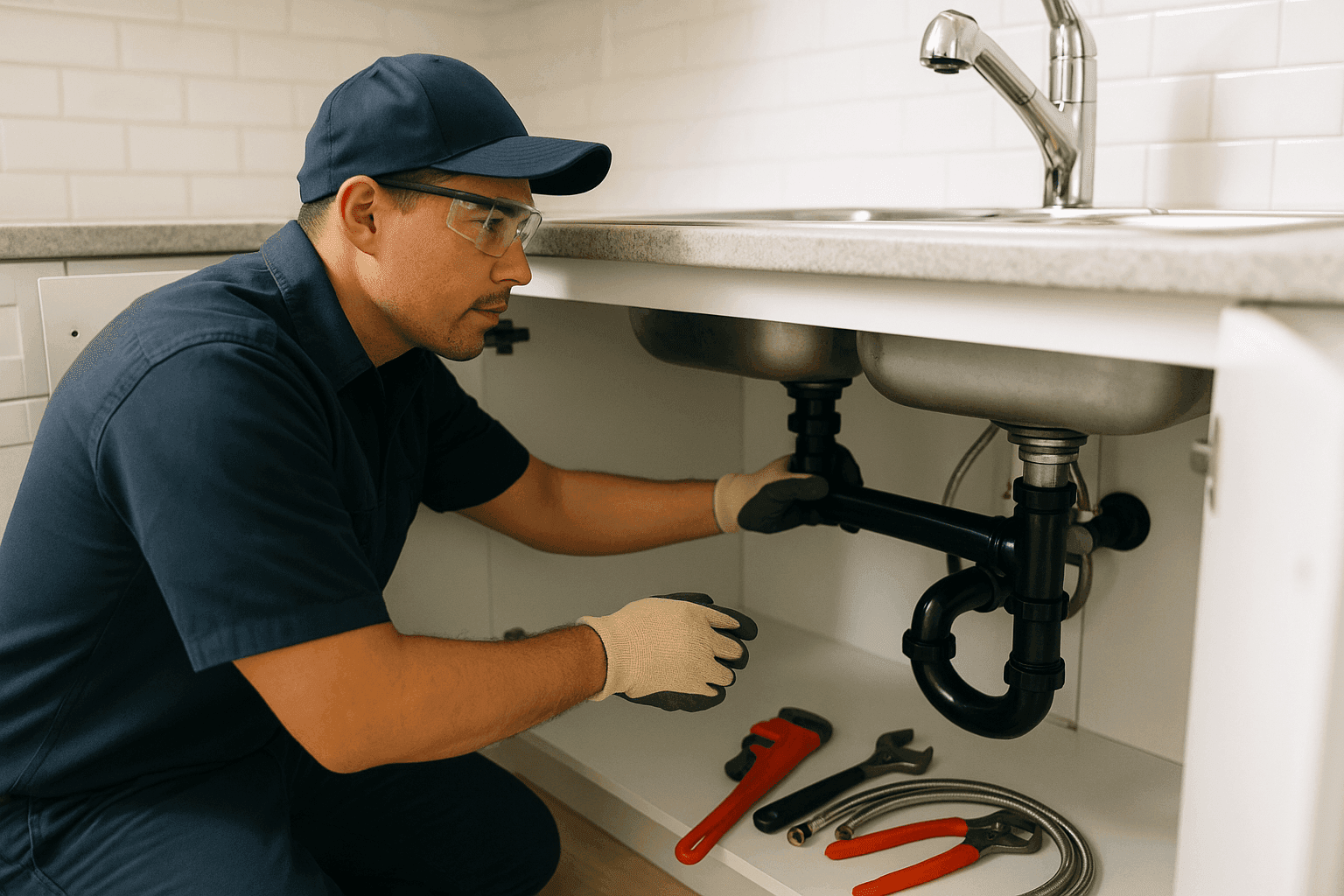 Plumber performing preventive plumbing maintenance under a kitchen sink