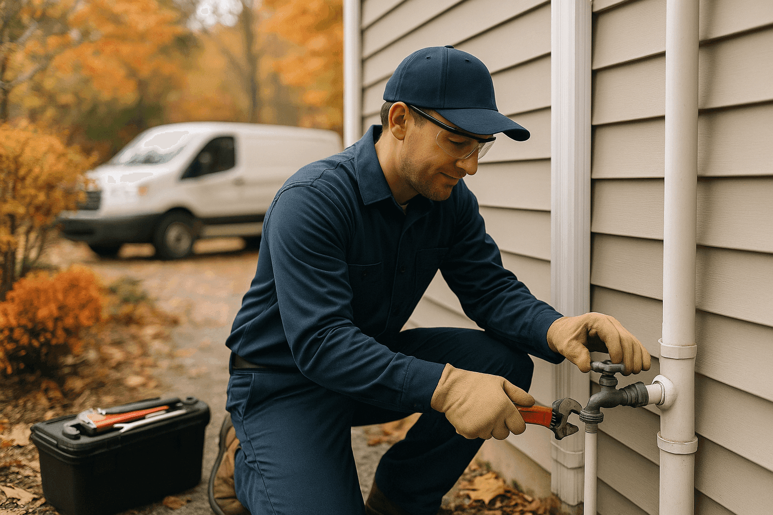 Professional plumber performing seasonal maintenance on home plumbing outdoors