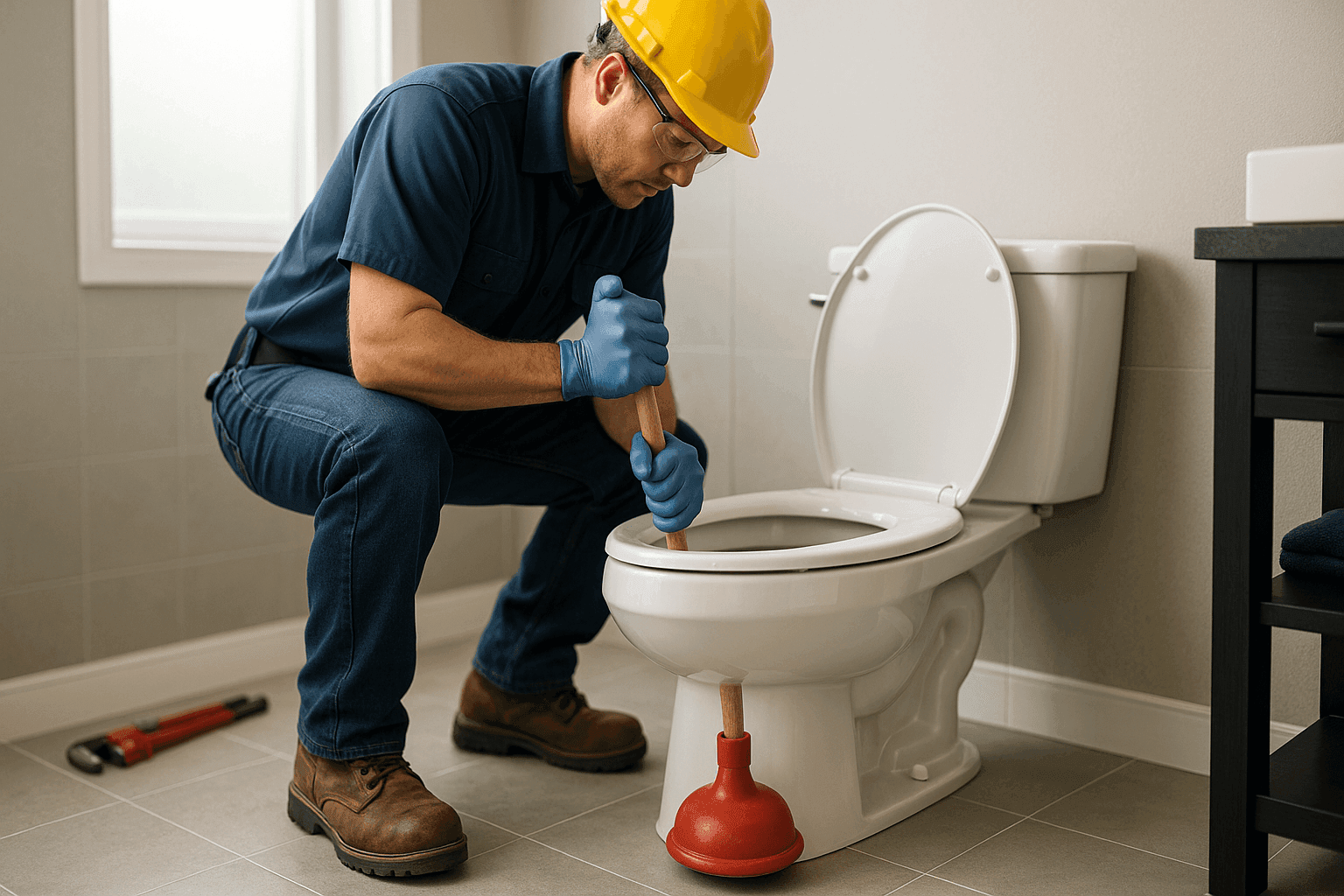 Plumber using plunger on residential toilet